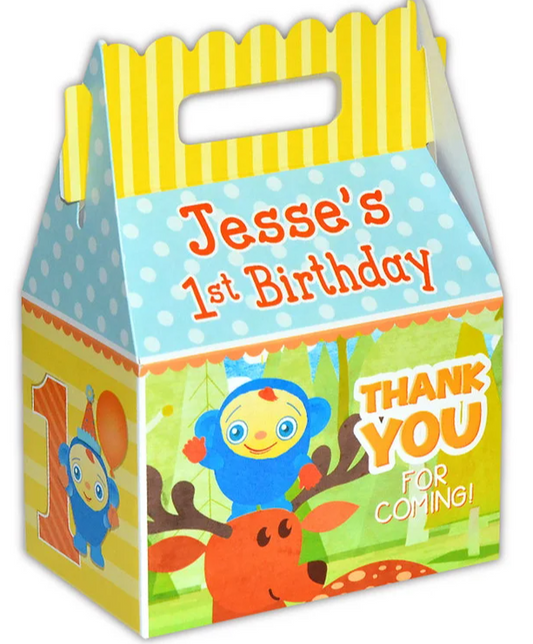 Peek-A-Boo BabyFirst TV Birthday Party, Personalized Gable Favor Boxes, pack of 8
