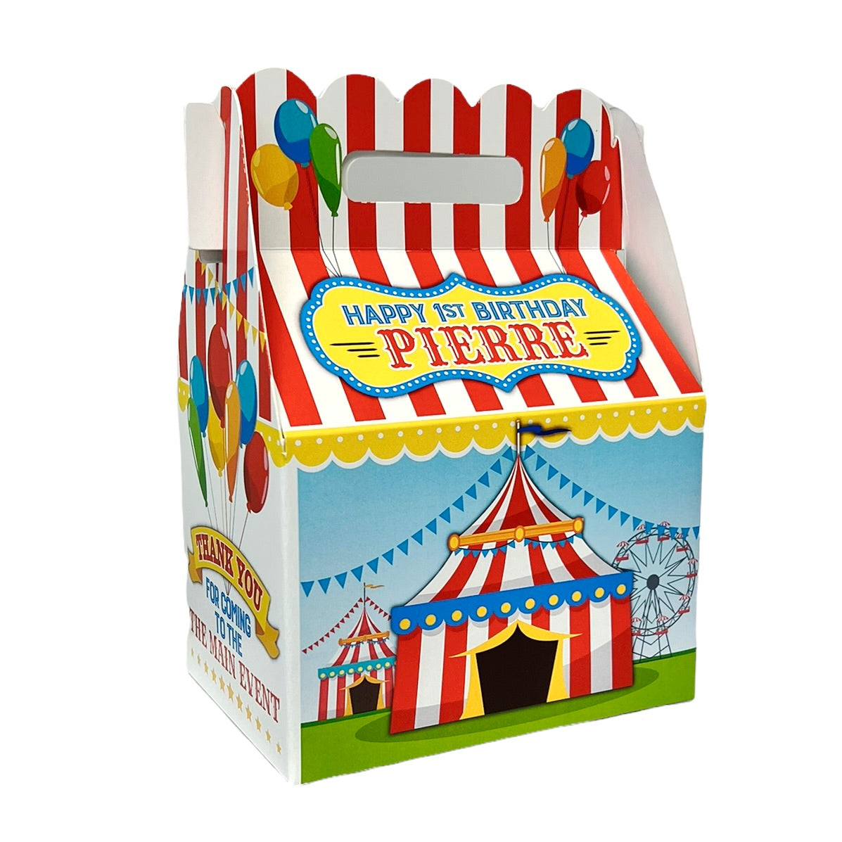 Carnival party circus tent party supplies. Personalized party favor box for circus carnival kids party. Gable favor box personalized. Red circus tent, Ferris wheel, balloons, bright primary colors. 