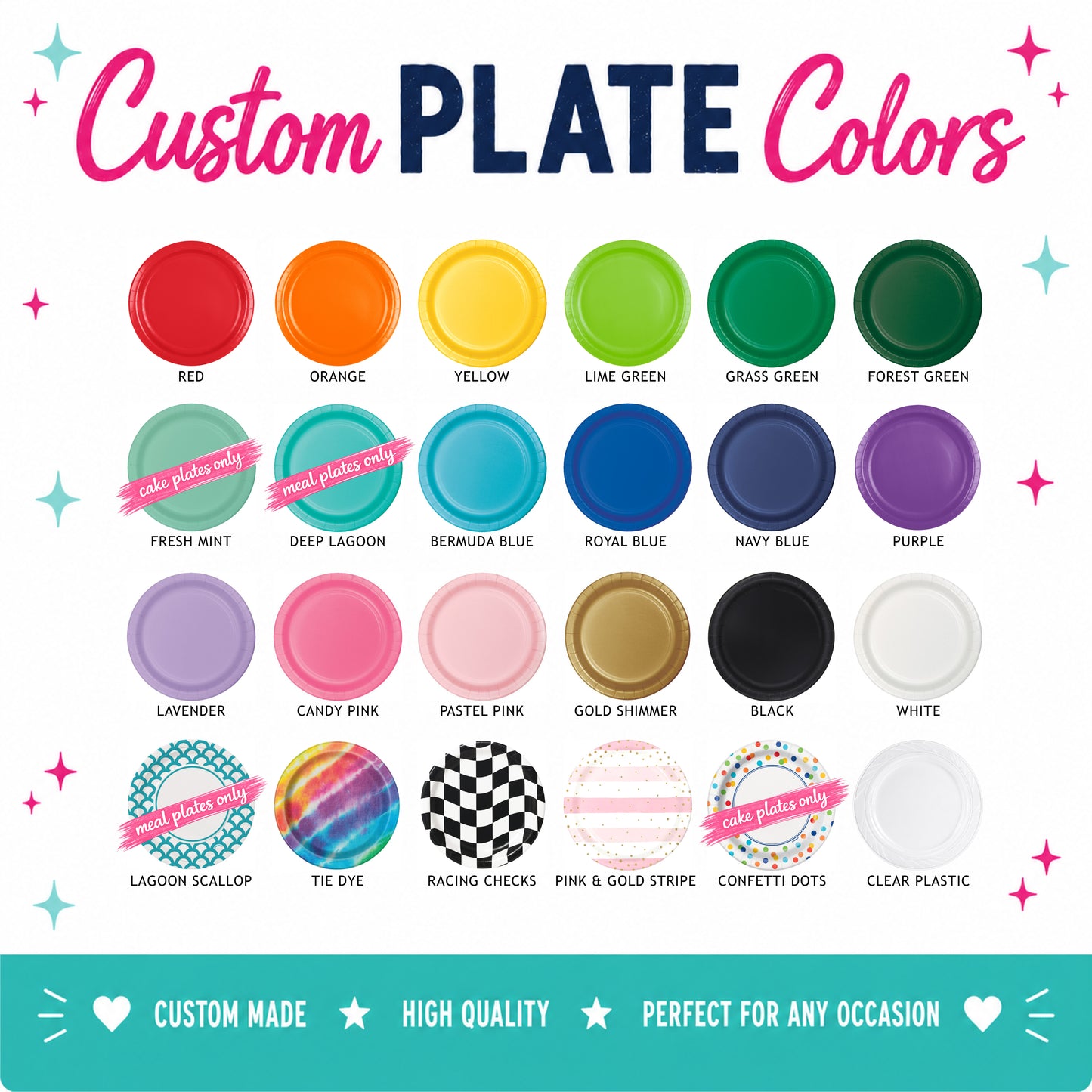 Custom 7" Cake & Snack Plates – Pack of 12
Our custom 7-inch party plates are the perfect size for serving cake and ice cream, snacks, appetizers, desserts, and other party treats. Each plate is personalized to coordinate with your celebration, creating a memorable and professionally styled party table.