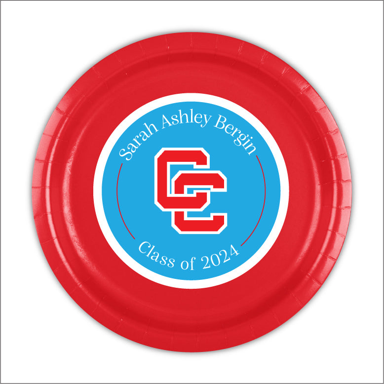 12 custom made paper graduation party plates. Your graduate's name featured in our original artwork for this one of a kind graduation party plates. We can locate most school or university logos, add any phrase and personalization to top it off!