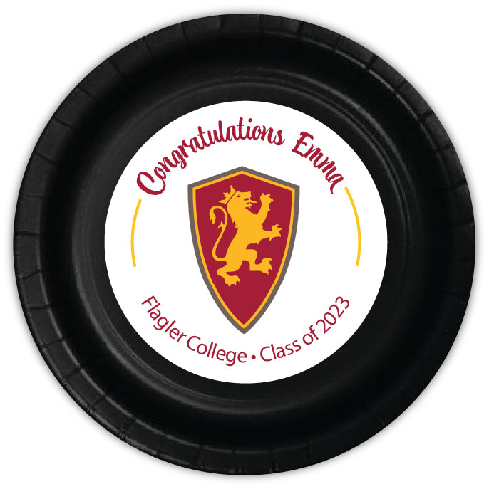 12 custom made paper graduation party plates. Your graduate's name featured in our original artwork for this one of a kind graduation party plates. We can locate most school or university logos, add any phrase and personalization to top it off!