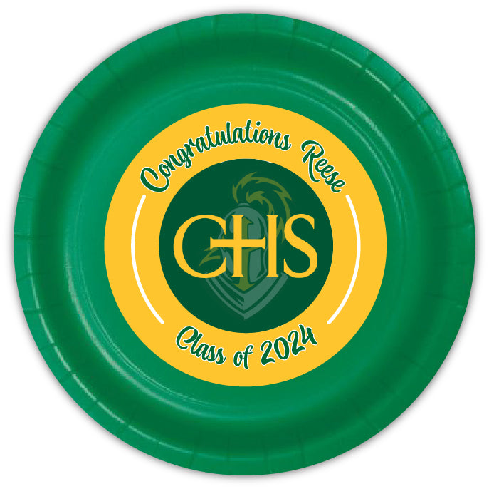 12 custom made paper graduation party plates. Your graduate's name featured in our original artwork for this one of a kind graduation party plates. We can locate most school or university logos, add any phrase and personalization to top it off!