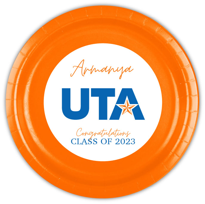 12 custom made paper graduation party plates. Your graduate's name featured in our original artwork for this one of a kind graduation party plates. We can locate most school or university logos, add any phrase and personalization to top it off!