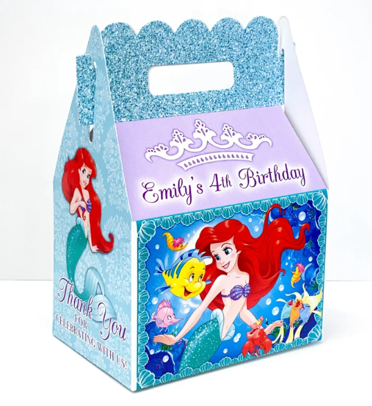 Princess Ariel Little Mermaid Birthday Personalized Gable Favor Goody Boxes, pack of 8