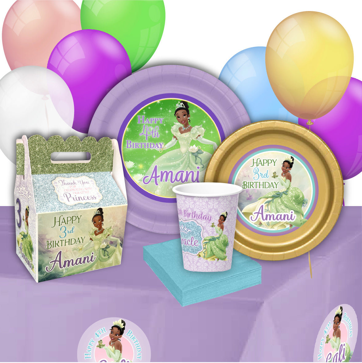 Princess Tiana Party, Personalized, Custom, Tiana Birthday Party Bundle, Tiana birthday plates, tiana party cups, tiana party boxes, treat box, goody bag, party package