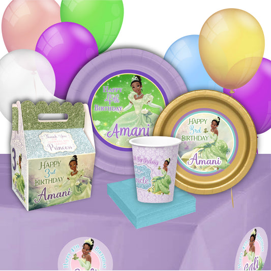 Princess Tiana Party, Personalized, Custom, Tiana Birthday Party Bundle, Tiana birthday plates, tiana party cups, tiana party boxes, treat box, goody bag, party package