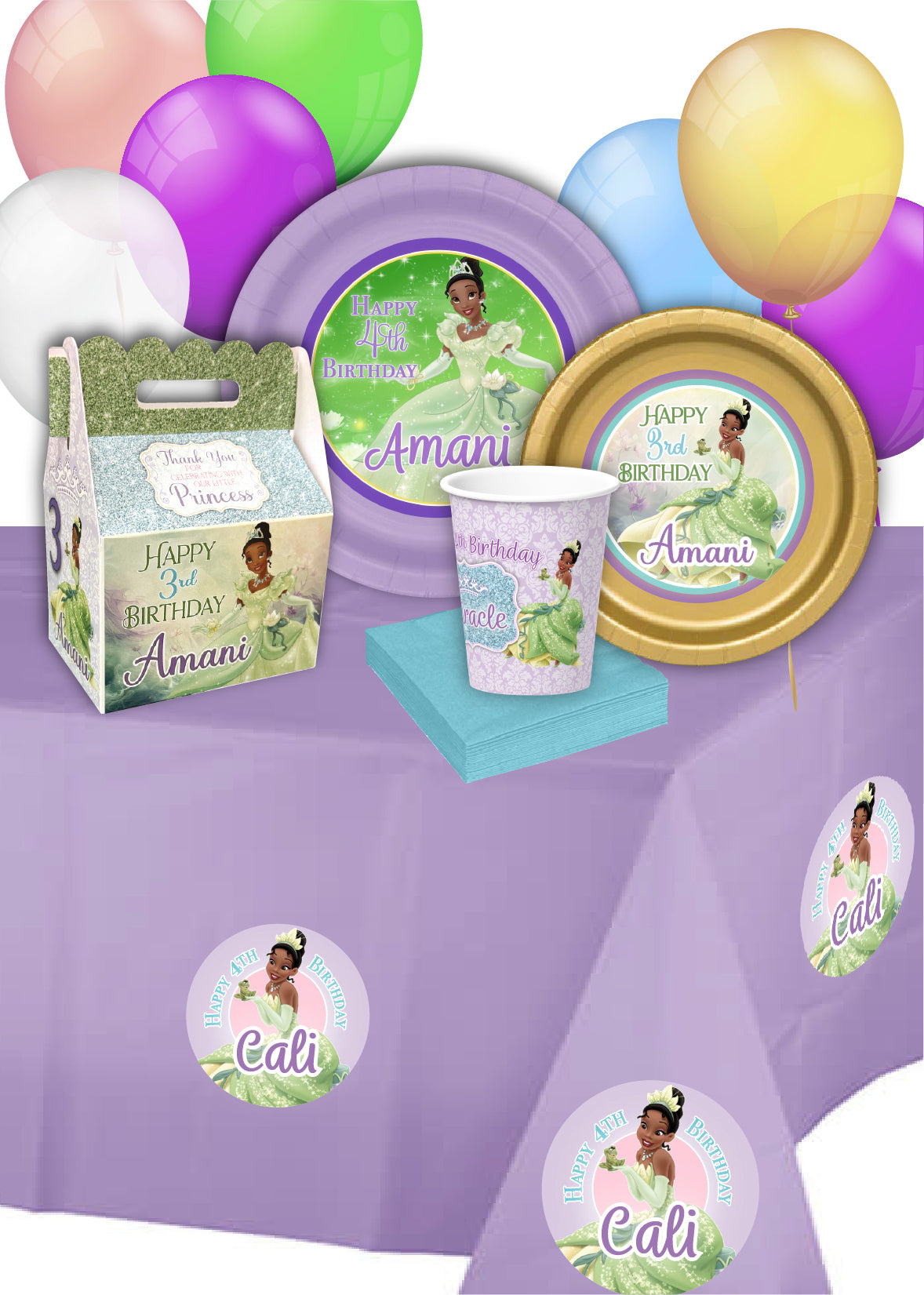 Princess Tiana Party, Personalized, Custom, Tiana Birthday Party Bundle, Tiana birthday plates, tiana party cups, tiana party boxes, treat box, goody bag, party package