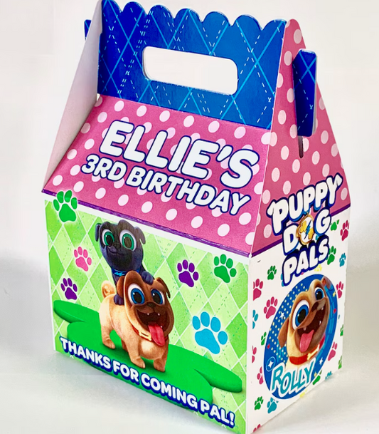 Puppy Dog Pals Girl Birthday Party, Personalized Gable Favor Boxes Pink-Green, pack of 8