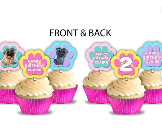 Puppy Dog Pals Party for Girls, Die Cut Two Sided Personalized Cupcake Toppers, pack of 12