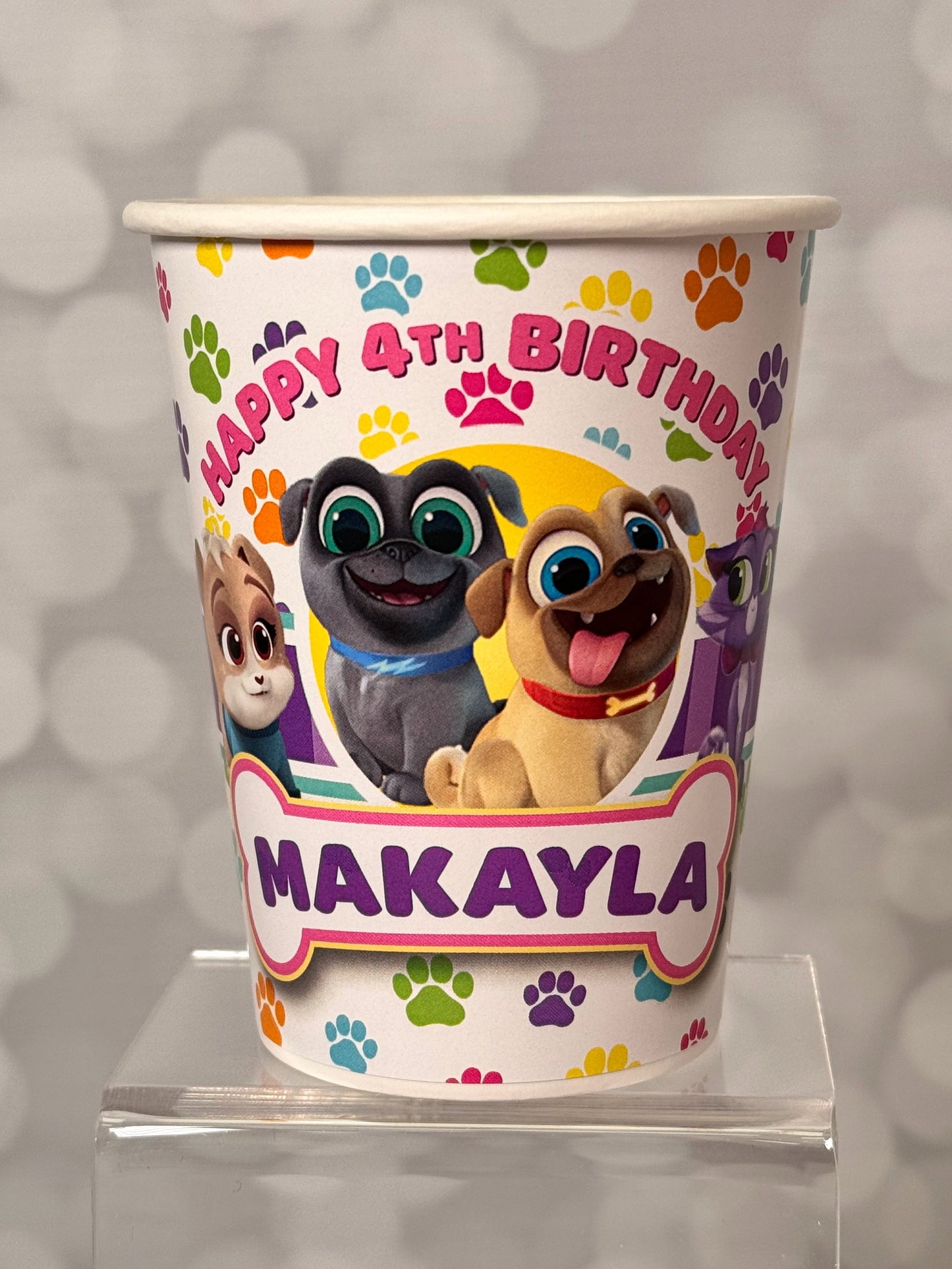 Puppy Dog Pals Custom designed 9 oz paper party cups sold in sets of 12. Personalized cups for warm or cold drinks featuring your theme, colors, name and age. Great for Disney Princess, Cars, Moana, Bluey, Paw Patrol, Cocomelon, Frozen, Toy Story, Mickey Mouse, Minnie Mouse, Barbie, Spider-Man, Stitch, Pokémon, Super Mario, Sonic, construction, dinosaur, unicorn, jungle and other birthday party themes.