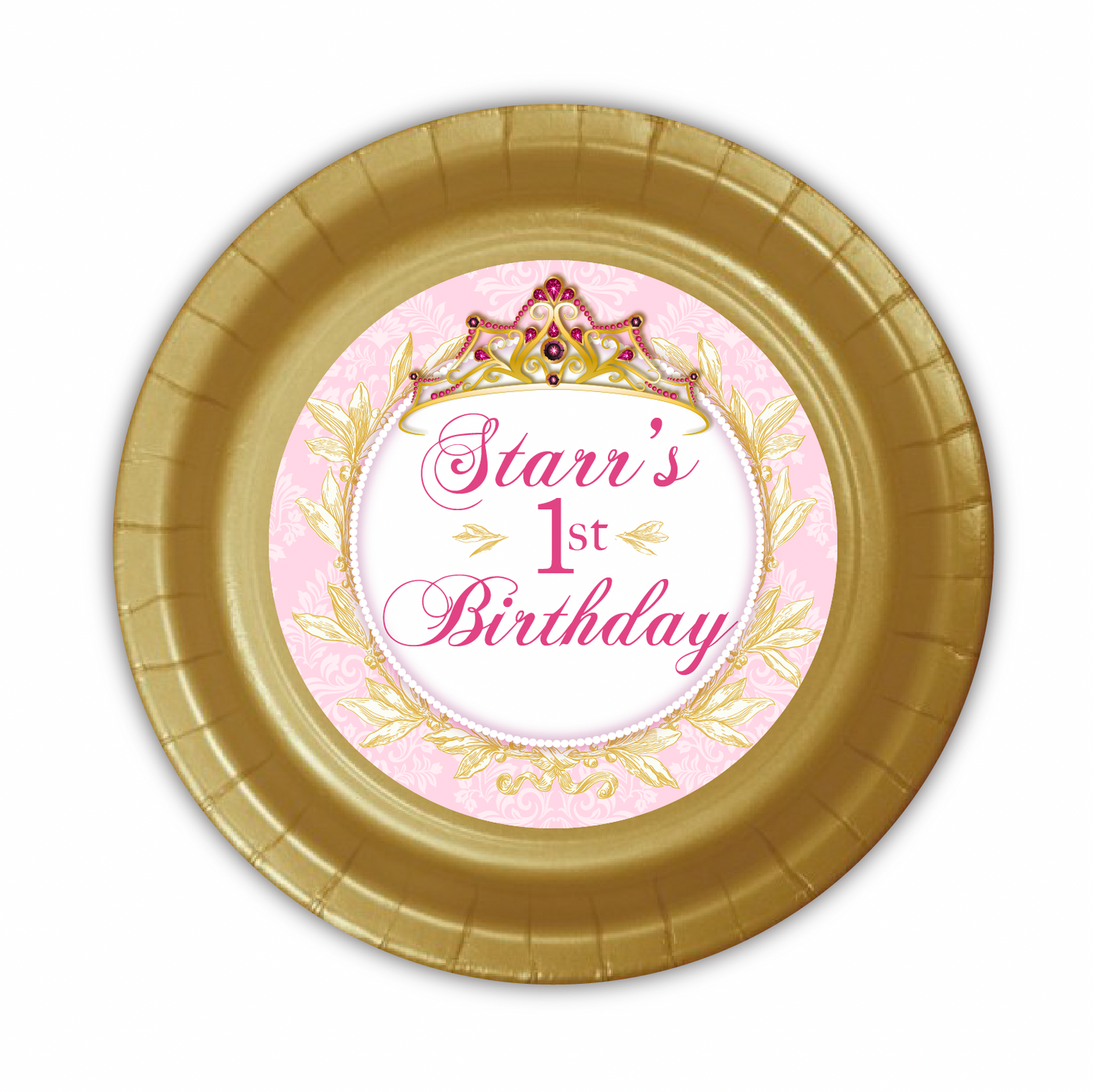 princess party plate, custom princess party plate, gold and pink party, tiara party plate, Custom 9" Cake & Snack Plates – Pack of 12
Our custom 9-inch party plates are the perfect size for serving cake and ice cream, snacks, appetizers, desserts, and other party treats. Each plate is personalized to coordinate with your celebration, creating a memorable and professionally styled party table.