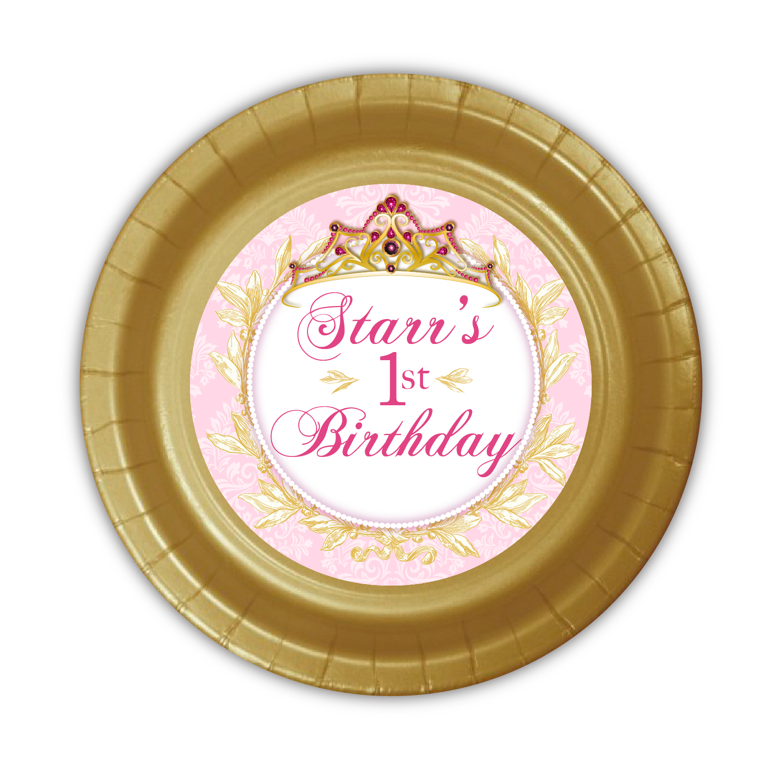 princess party plate, custom princess party plate, gold and pink party, tiara party plate, Custom 9" Cake & Snack Plates – Pack of 12
Our custom 9-inch party plates are the perfect size for serving cake and ice cream, snacks, appetizers, desserts, and other party treats. Each plate is personalized to coordinate with your celebration, creating a memorable and professionally styled party table.