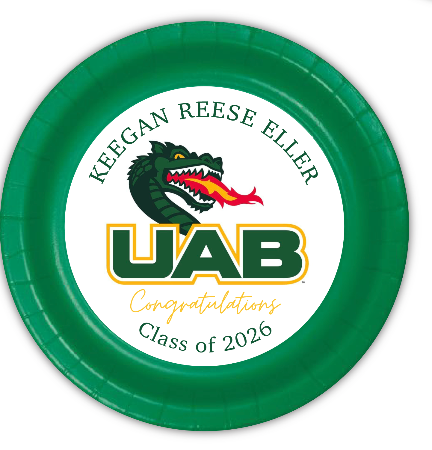 12 custom made paper graduation party plates. Your graduate's name featured in our original artwork for this one of a kind graduation party plates. We can locate most school or university logos, add any phrase and personalization to top it off!