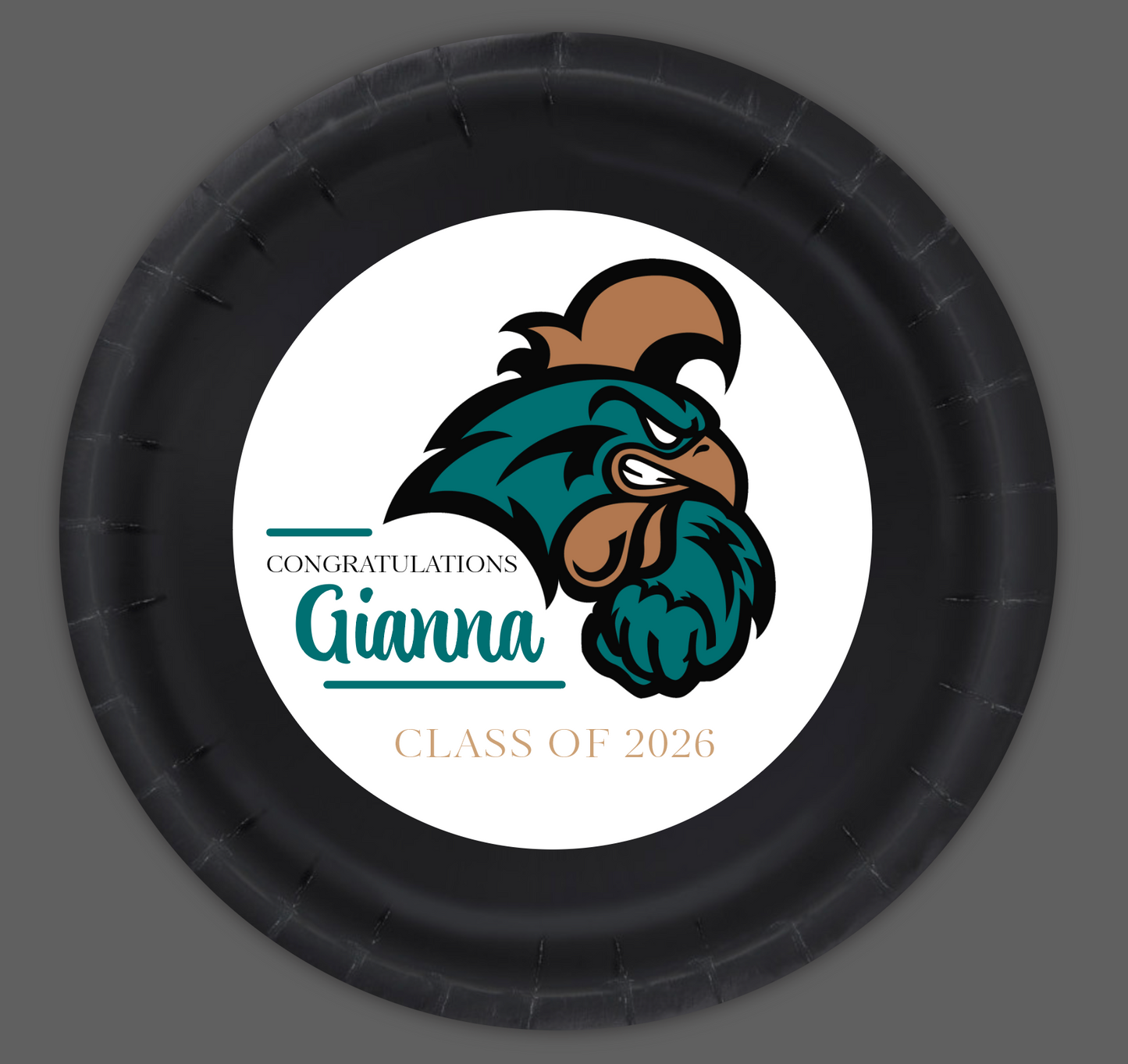 12 custom made paper graduation party plates. Your graduate's name featured in our original artwork for this one of a kind graduation party plates. We can locate most school or university logos, add any phrase and personalization to top it off!