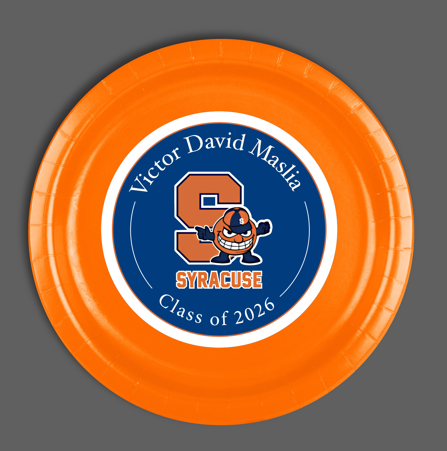 12 custom made paper graduation party plates. Your graduate's name featured in our original artwork for this one of a kind graduation party plates. We can locate most school or university logos, add any phrase and personalization to top it off!