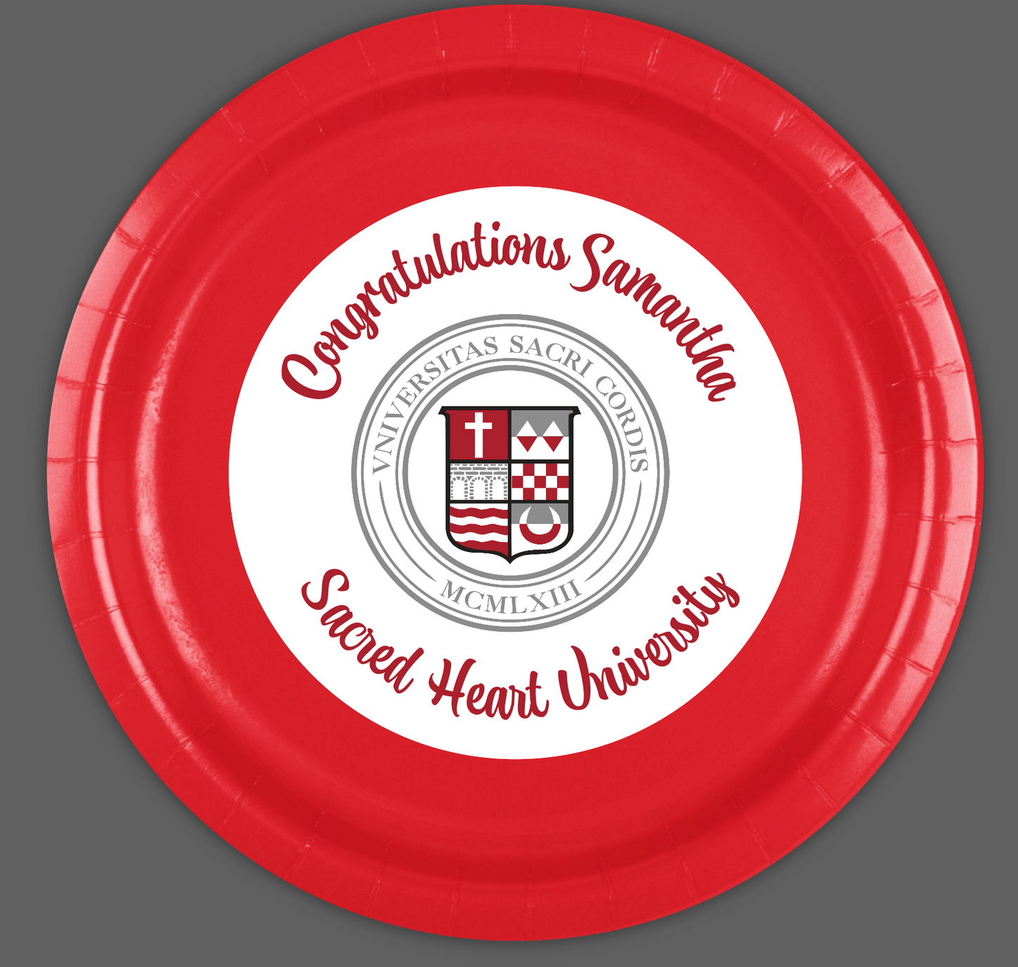 12 custom made paper graduation party plates. Your graduate's name featured in our original artwork for this one of a kind graduation party plates. We can locate most school or university logos, add any phrase and personalization to top it off!