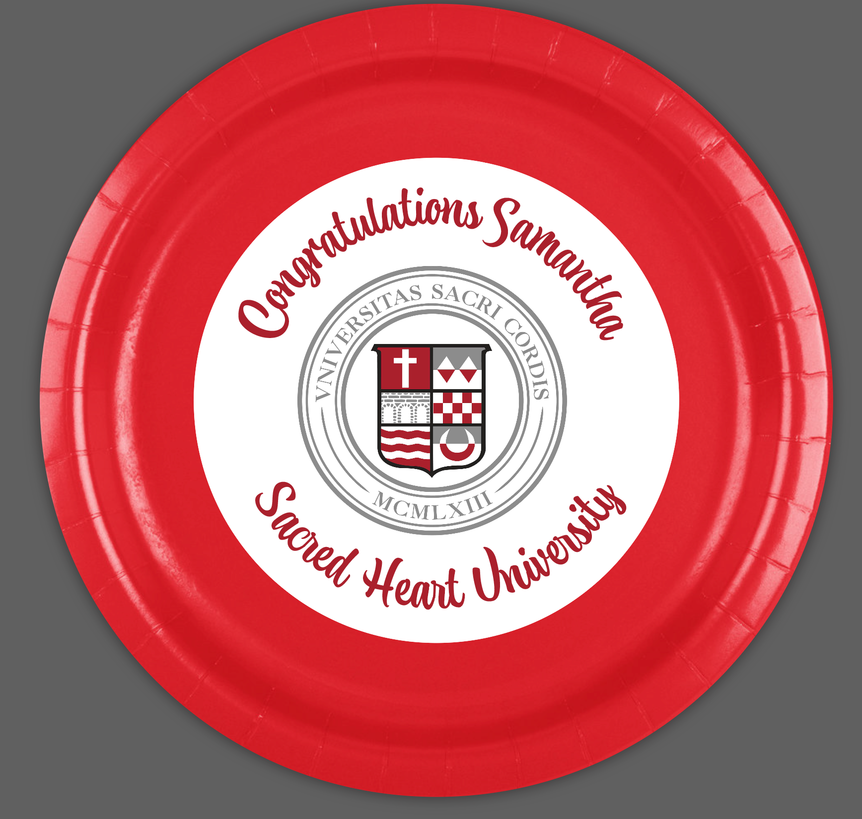 12 custom made paper graduation party plates. Your graduate's name featured in our original artwork for this one of a kind graduation party plates. We can locate most school or university logos, add any phrase and personalization to top it off!