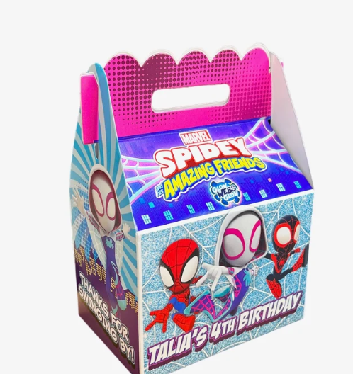 Spidey and His Amazing Friends, GHOST Girl Birthday Party, QTY 8 Personalized Gable Favor Boxes