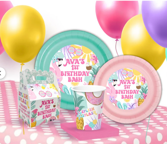Splash Splash Tropical Cutie Summer Luau Citrus Flamingo Birthday Party Pack, BASIC Party Bundle for 12 Guests