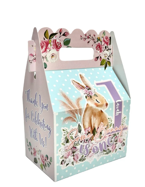 Springtime floral bunny rabbit first Birthday Personalized Gable Favor Goody Boxes, pack of 8