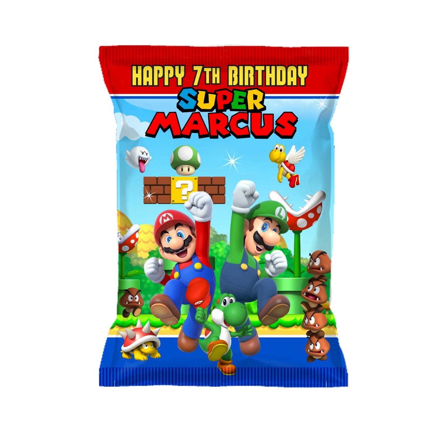 Super Mario Brothers Bros Party, Mario party, custom chip bags, super Mario chip bags, personalized super Mario chip bags, party snacks