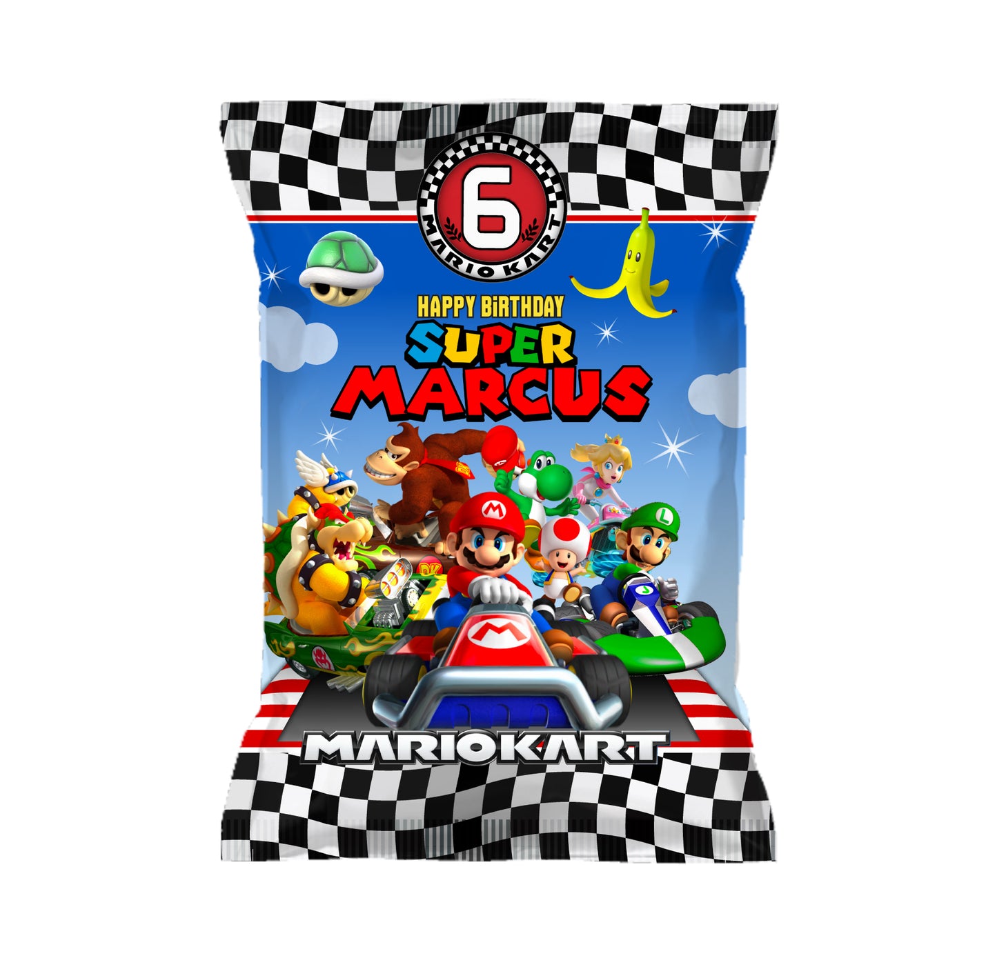 Super Mario Kart Party, Mario party, custom chip bags, super Mario chip bags, personalized super Mario chip bags, party snacks, Mario Kart chip bags