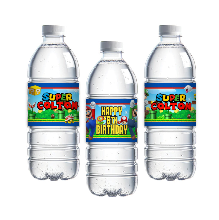 Mario birthday supplies, super Mario bros party labels, super Mario water bottle labels, Mario Kart Water Bottle Labels, super Mario party supplies, custom water labels, personalized party supplies, personalized Mario party