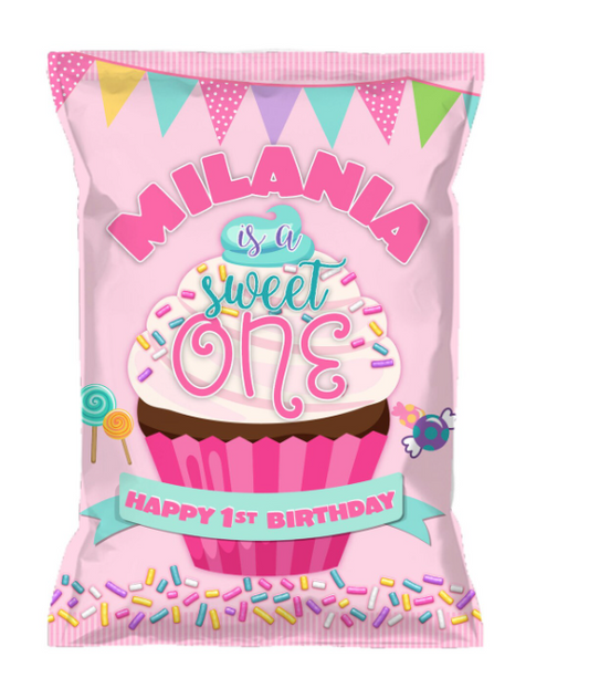 Sweet ONE Cupcake 1st Birthday, Custom Chip Bags, Snack Bags, Pouches, SET of 12