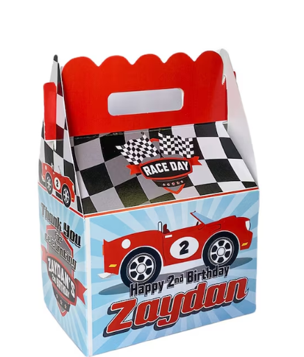 Vintage Red Race Car Checkered Flag Birthday Party, Personalized Gable Favor Boxes, pack of 8