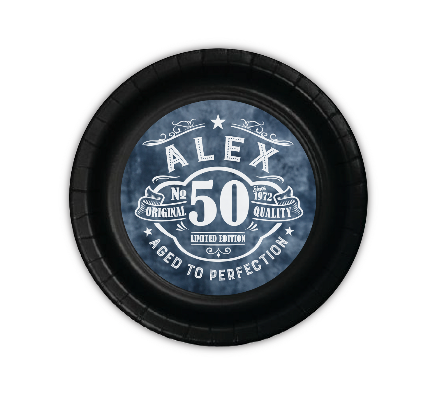 aged to perfection, 50th birthday plates, 50th birthday supplies, tableware, 50th birthday, Custom 7" Cake & Snack Plates – Pack of 12
Our custom 7-inch party plates are the perfect size for serving cake and ice cream, snacks, appetizers, desserts, and other party treats. Each plate is personalized to coordinate with your celebration, creating a memorable and professionally styled party table.