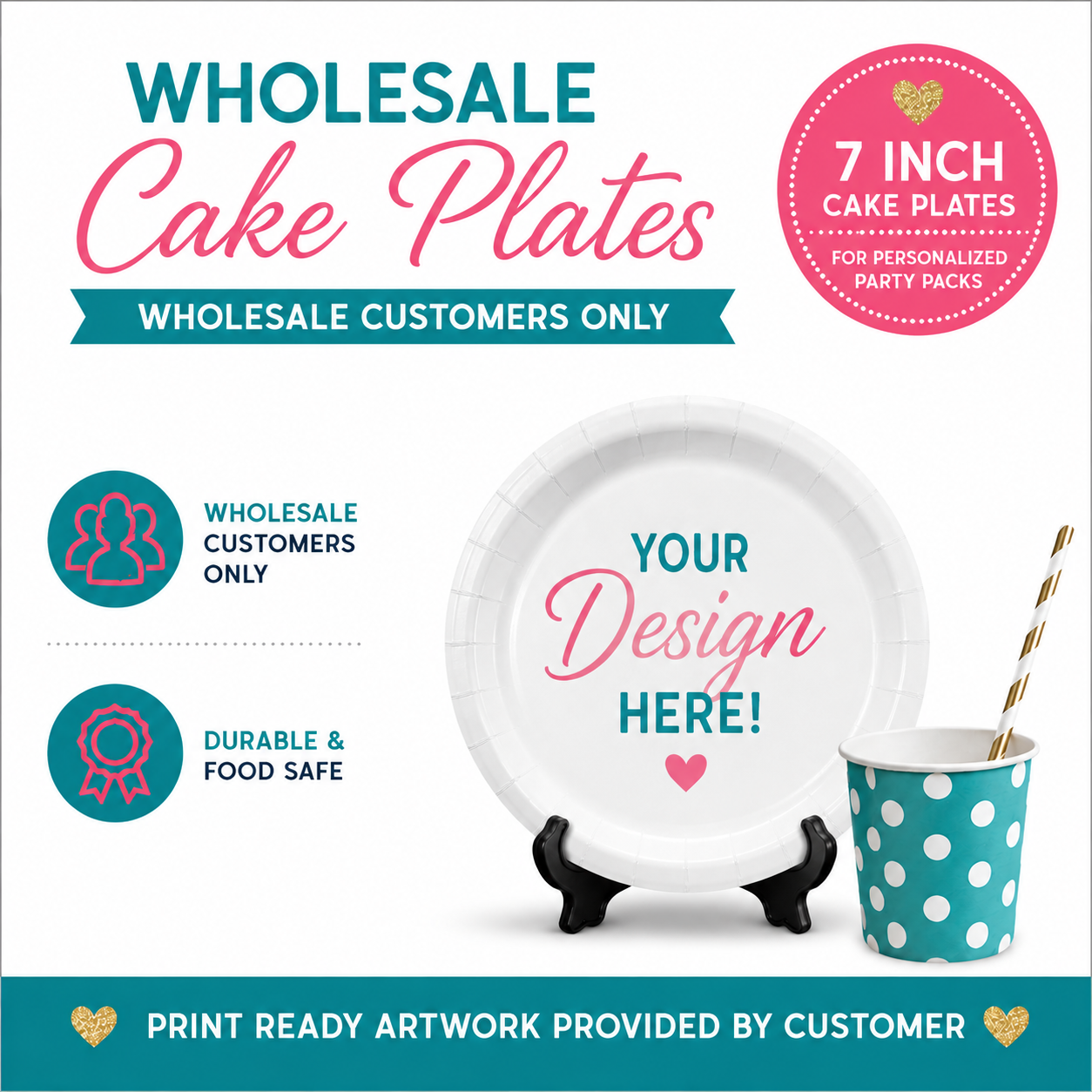 Wholesale Party Plates, Artwork Provided, 7" Dessert Size, 12 count