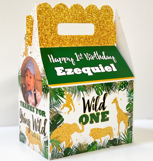 Wild ONE Jungle Safari Gold Animals Birthday Party, Qty 8 Personalized Gable Favor Boxes, pack of 8