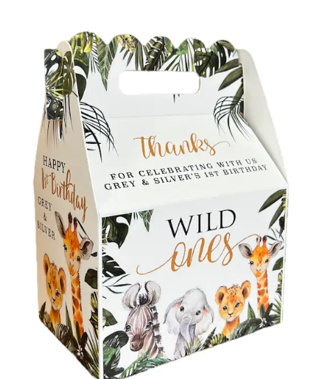 Wild One or Two Wild or Wild and Three Jungle Animals elegant safari Birthday Party, Qty 8 Personalized Gable Favor Boxes