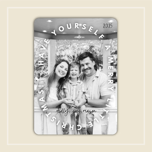 The perfect choice for a minimalist style featuring a photo and open back to share family update letter, extended greeting, news for the year and more. Choose this photo holiday card if you like no frills, just classy and concise.