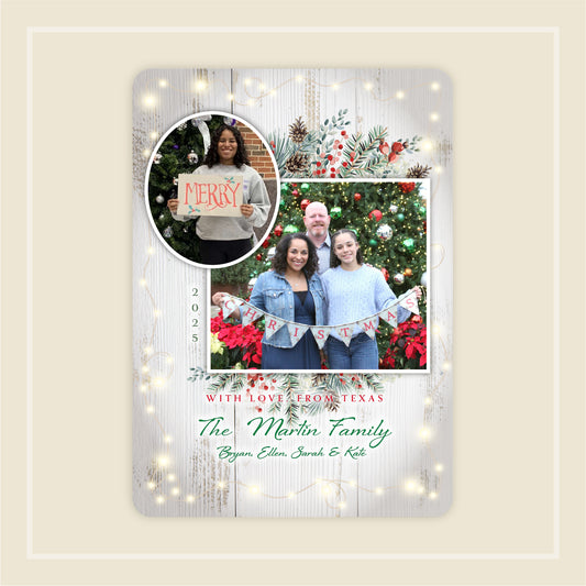 Farmhouse Chic Christmas Card, Collage or Single Photo, 12 Cards, beautiful white barnwood background with subtle glimmering string lights, berries and pine cones, family christmas card, 2 photo card, collage card, photo holiday card on sale now
