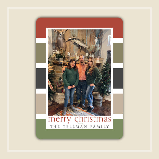 Bold Stripe Earth Tones Photo Holiday Card, 2 sides, 12 cards, modern style holiday card, brick red, tan, beige, sage green, stripe holiday card
