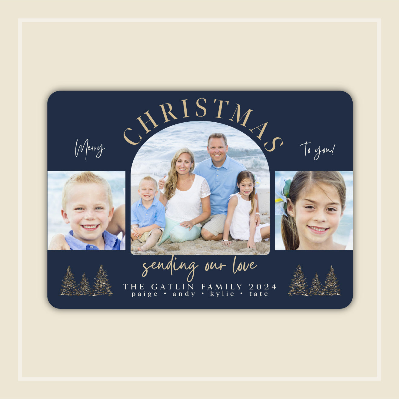 Navy Blue Horizontal Classic Holiday Card “Gatlin”, 3 photos, 12 Cards