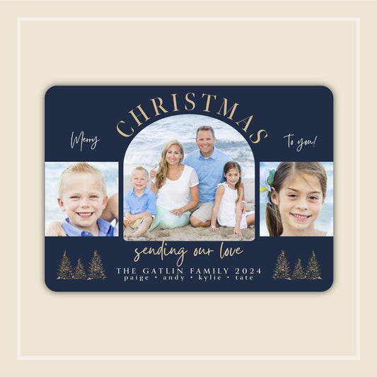 Navy Blue Horizontal Classic Holiday Card “Gatlin”, 3 photos, 12 Cards
