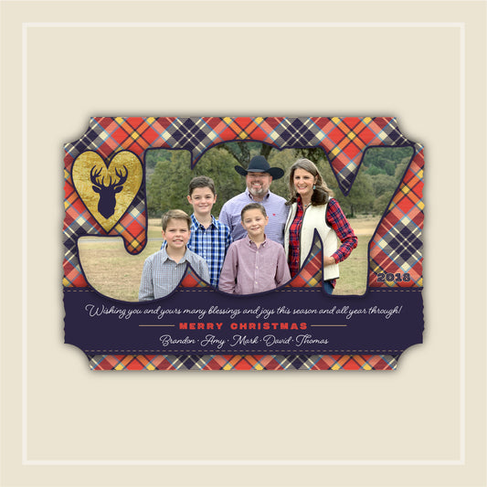 Creative, scrapbook style, golden heart with deer, red plaid pattern, Christmas CardJOY Overlay Plaid Christmas Card, Collage or Single Photo, 12 Cards