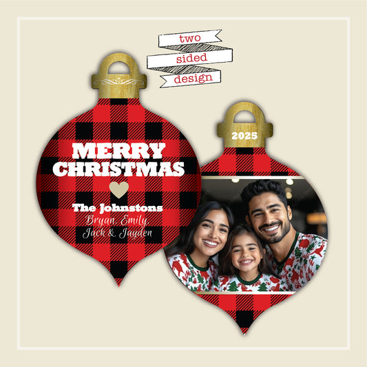 Two-sided Christmas ornament greeting card Red & Black Buffalo check pattern. plaid design featuring your family photo and text. Custom Christmas card die cut for keepsake ornament.