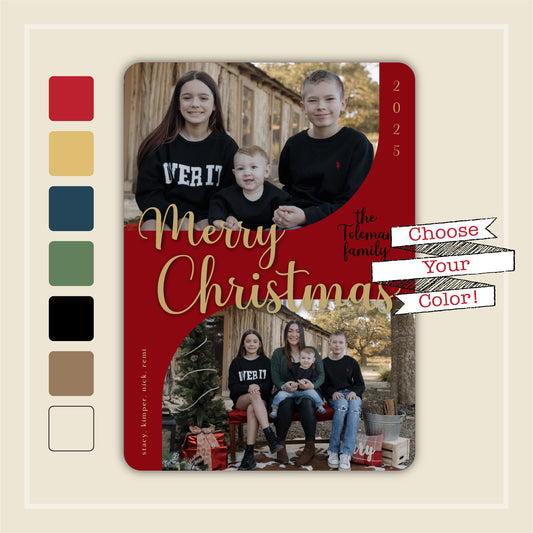 Family Christmas card design with color swatches on a beige background