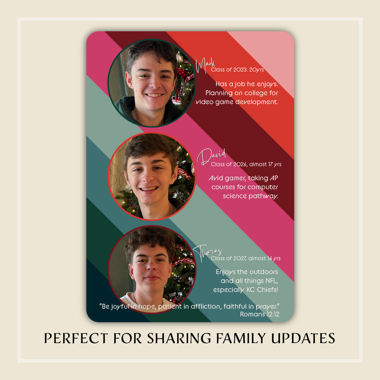 Vintage Puffer Stripes Photo Holiday Card, 2 sides, Multi-Photo, 12 cards, 70s colors, vintage style, puffer jacket, multi-color holiday card