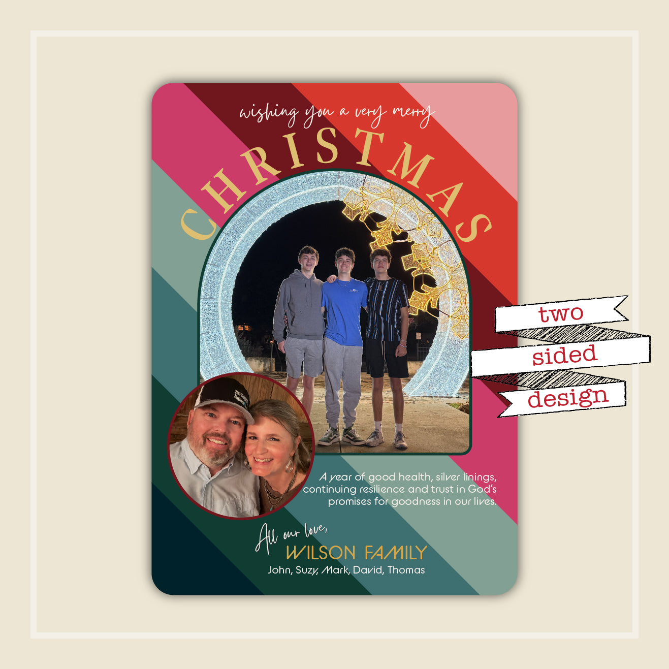 Vintage Puffer Stripes Photo Holiday Card, 2 sides, Multi-Photo, 12 cards, 70s colors, vintage style, puffer jacket, multi-color holiday card