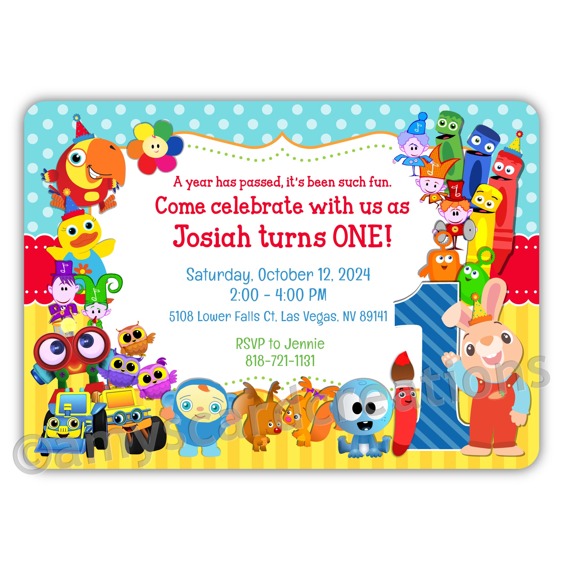BabyFirst tv party invitation featuring harry the bunny, googoo, pete the paintbrush, color crew, notekins, vocabularry, robi, hoot scoot what and more! Personalized and printed to your sepcifications. 