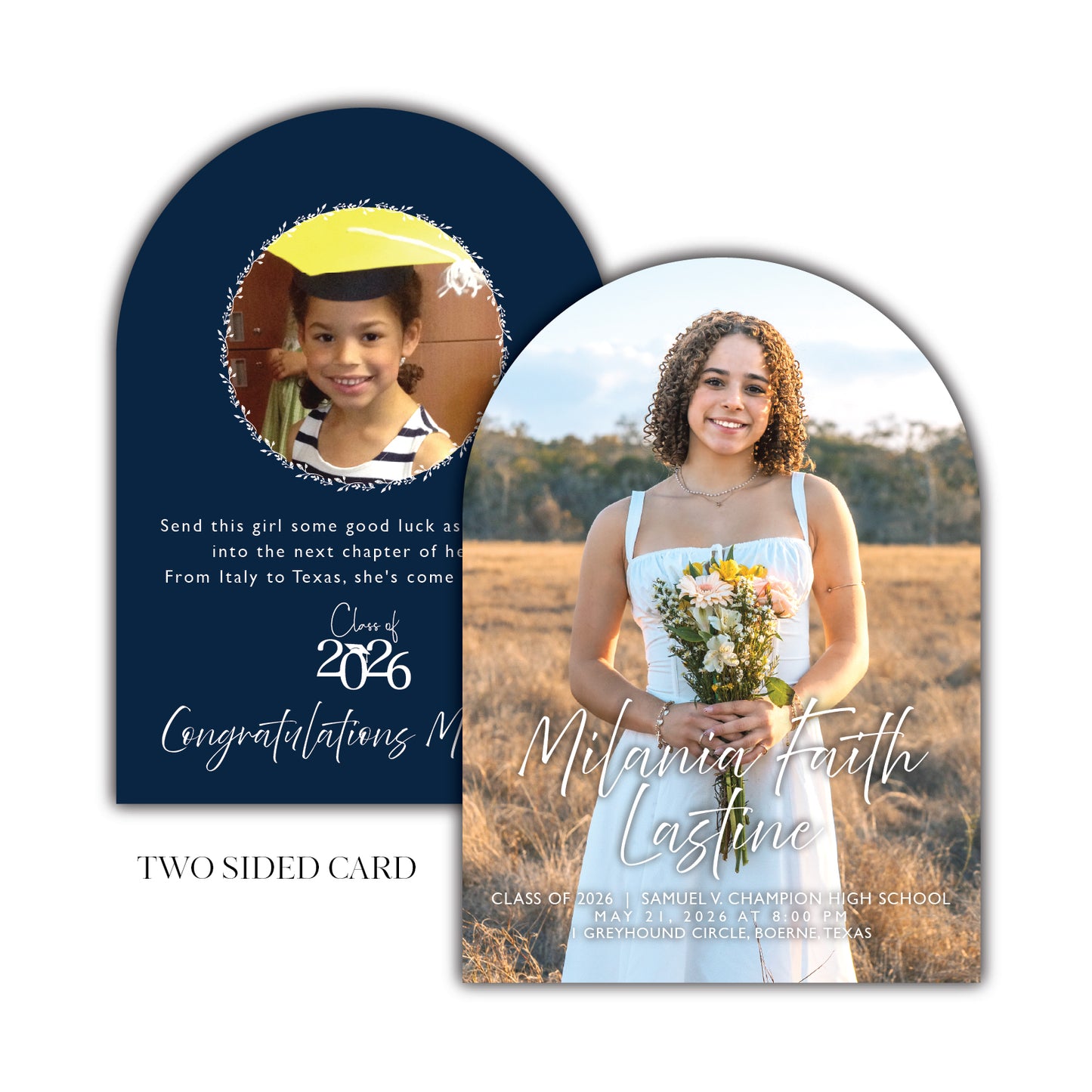 Arch Cut Graduation Invitation and Announcement Cards, will suit a high school or college graduation celebration. Custom printed on your choice of shimmer card stock, linen texture card stock, or satin smooth coated card stock. Professionally typeset and laid out by an artist (no automated templates), to ensure personal attention to detail on every order.