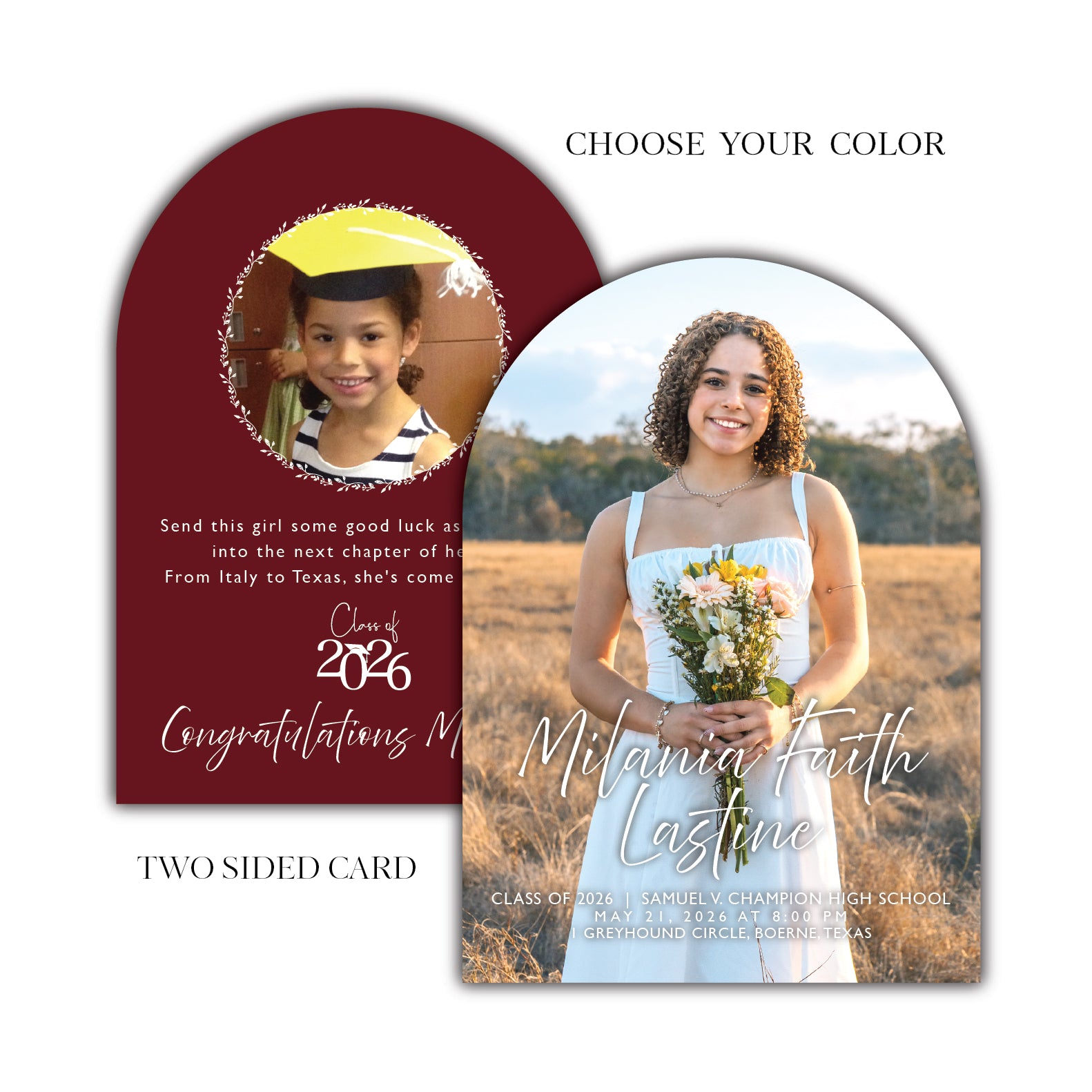 Arch Top Graduation Invitation and Announcement Cards, will suit a high school or college graduation celebration. Custom printed on your choice of shimmer card stock, linen texture card stock, or satin smooth coated card stock. Professionally typeset and laid out by an artist (no automated templates), to ensure personal attention to detail on every order.