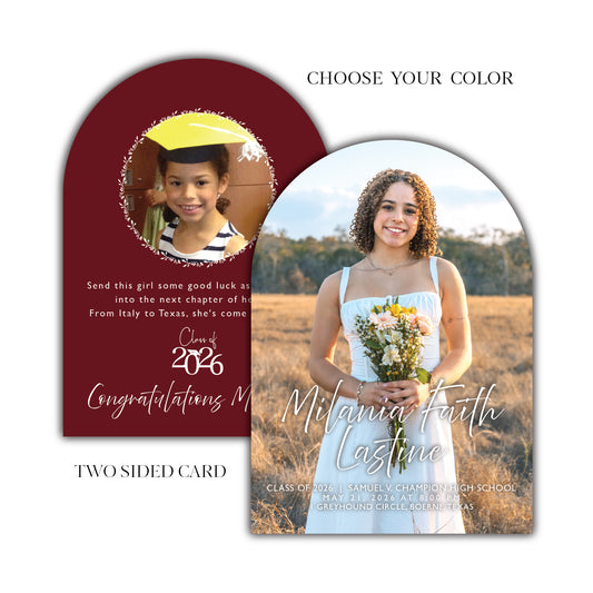 Arch Top Graduation Invitation and Announcement Cards, will suit a high school or college graduation celebration. Custom printed on your choice of shimmer card stock, linen texture card stock, or satin smooth coated card stock. Professionally typeset and laid out by an artist (no automated templates), to ensure personal attention to detail on every order.