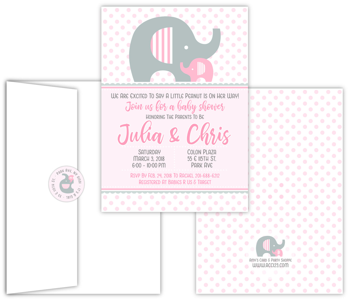 Precious mama and baby elephant shower invitations will delight your guests! Professionally printed cards with a lovely matching print on the back for that extra special touch. Cards are 5x7, and included envelopes use standard postage.