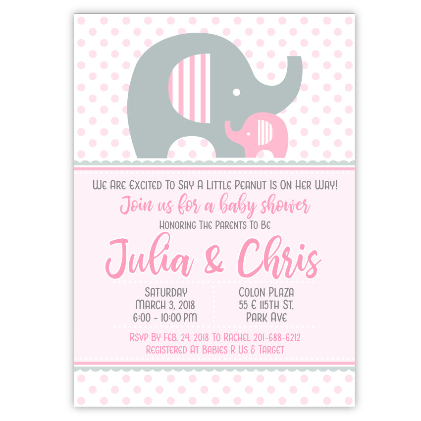 Precious mama and baby elephant shower invitations will delight your guests! Professionally printed cards with a lovely matching print on the back for that extra special touch. Cards are 5x7, and included envelopes use standard postage.