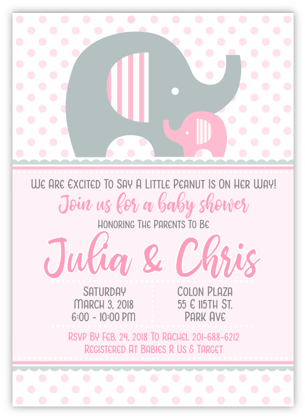 Precious mama and baby elephant shower invitations will delight your guests! Professionally printed cards with a lovely matching print on the back for that extra special touch. Cards are 5x7, and included envelopes use standard postage.